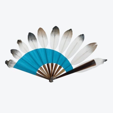 Blue Asymmetrical Graphic Feathers Hand-Fan