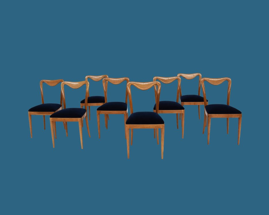 Set of 8 Chairs Lemon Wood and Blue Velvet Guglielmo Ulrich